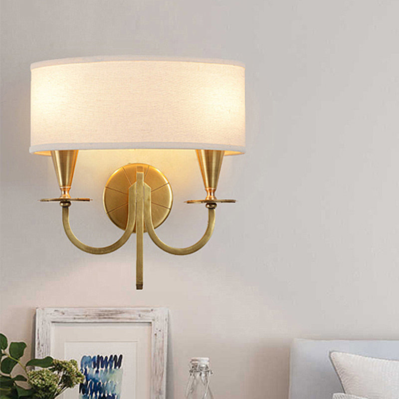 Brass Cylinder Sconce Light Retro Fabric Shade 1/2-Light Bedroom Wall Lamp with Metal Arched Arm 2.0 Brass Clearhalo 'Wall Lamps & Sconces' 'Wall Lights' Lighting' 231470