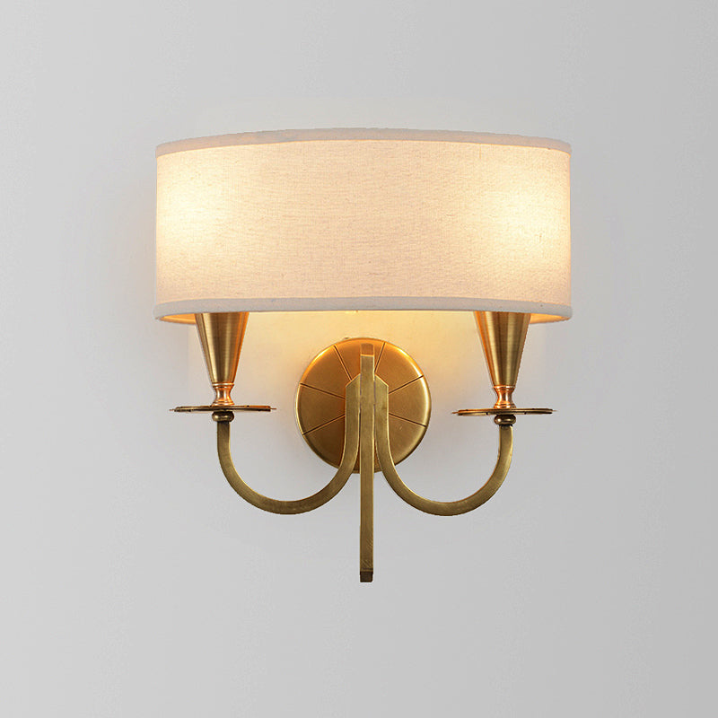 Brass Cylinder Sconce Light Retro Fabric Shade 1/2-Light Bedroom Wall Lamp with Metal Arched Arm Clearhalo 'Wall Lamps & Sconces' 'Wall Lights' Lighting' 231471