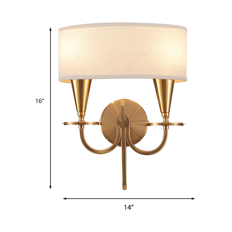 Brass Cylinder Sconce Light Retro Fabric Shade 1/2-Light Bedroom Wall Lamp with Metal Arched Arm Clearhalo 'Wall Lamps & Sconces' 'Wall Lights' Lighting' 231473