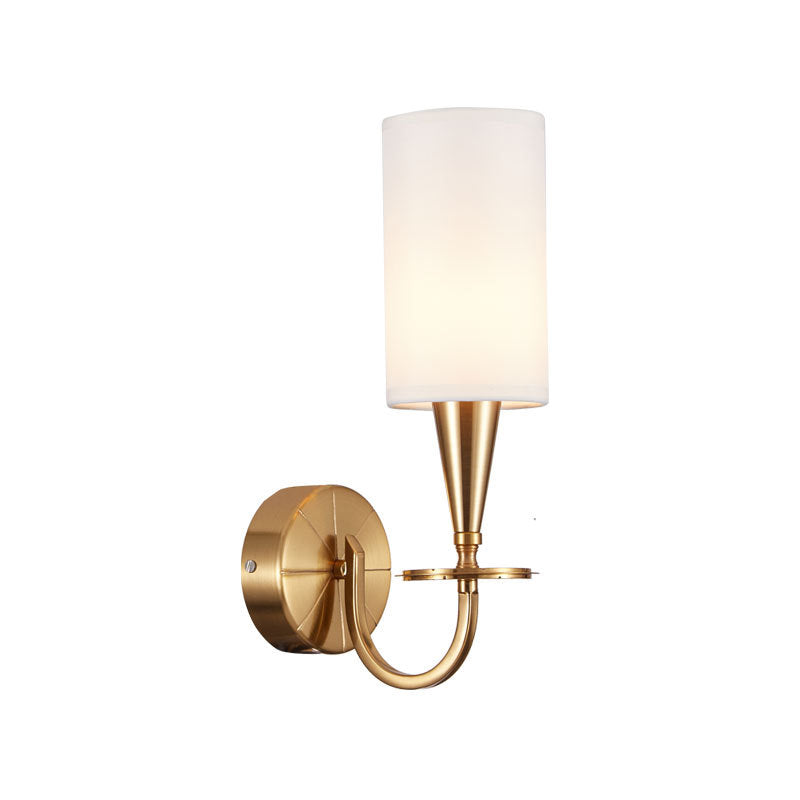 Brass Cylinder Sconce Light Retro Fabric Shade 1/2-Light Bedroom Wall Lamp with Metal Arched Arm Clearhalo 'Wall Lamps & Sconces' 'Wall Lights' Lighting' 231476