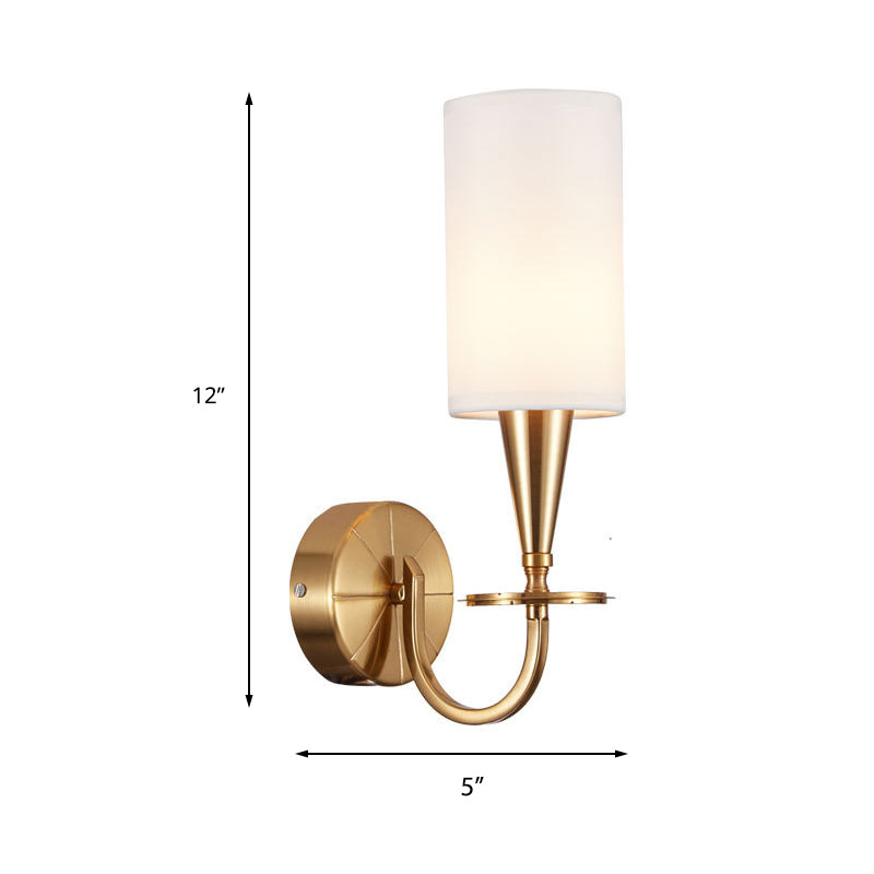 Brass Cylinder Sconce Light Retro Fabric Shade 1/2-Light Bedroom Wall Lamp with Metal Arched Arm Clearhalo 'Wall Lamps & Sconces' 'Wall Lights' Lighting' 231477