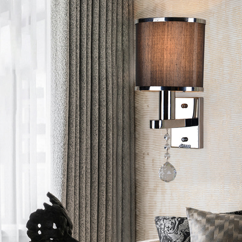 Traditional Cylinder Wall Sconce 1-Light Fabric Sconce Light with Crystal Accent in Chrome for Bedroom Chrome Clearhalo 'Wall Lamps & Sconces' 'Wall Lights' Lighting' 231478