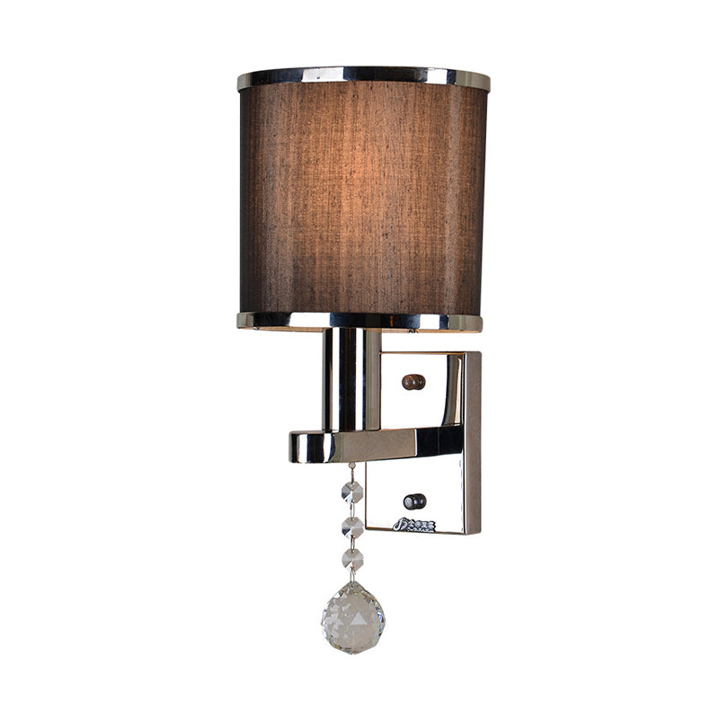 Traditional Cylinder Wall Sconce 1-Light Fabric Sconce Light with Crystal Accent in Chrome for Bedroom Clearhalo 'Wall Lamps & Sconces' 'Wall Lights' Lighting' 231480