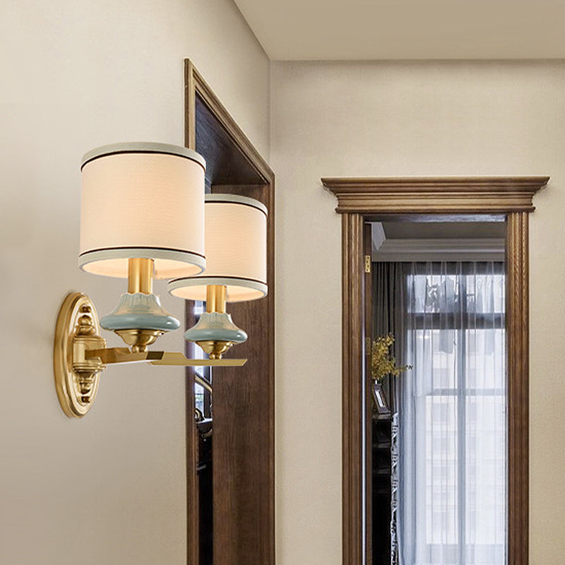 Retro Cylindrical Wall Lamp 1/2-Light Fabric Wall Sconce Light with Porcelain Cap in Gold for Porch 2.0 Gold Clearhalo 'Wall Lamps & Sconces' 'Wall Lights' Lighting' 231483