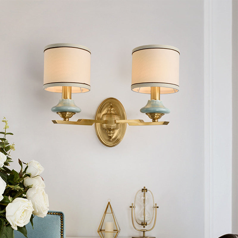 Retro Cylindrical Wall Lamp 1/2-Light Fabric Wall Sconce Light with Porcelain Cap in Gold for Porch Clearhalo 'Wall Lamps & Sconces' 'Wall Lights' Lighting' 231484