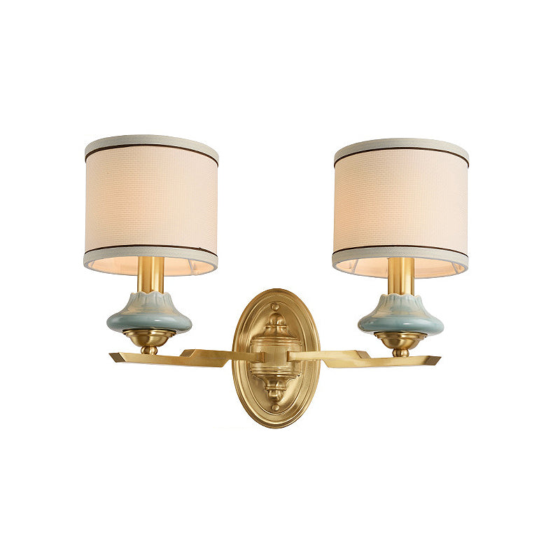 Retro Cylindrical Wall Lamp 1/2-Light Fabric Wall Sconce Light with Porcelain Cap in Gold for Porch Clearhalo 'Wall Lamps & Sconces' 'Wall Lights' Lighting' 231485