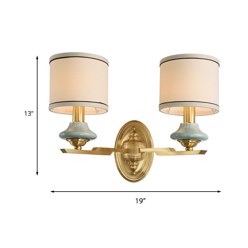 Retro Cylindrical Wall Lamp 1/2-Light Fabric Wall Sconce Light with Porcelain Cap in Gold for Porch Clearhalo 'Wall Lamps & Sconces' 'Wall Lights' Lighting' 231486