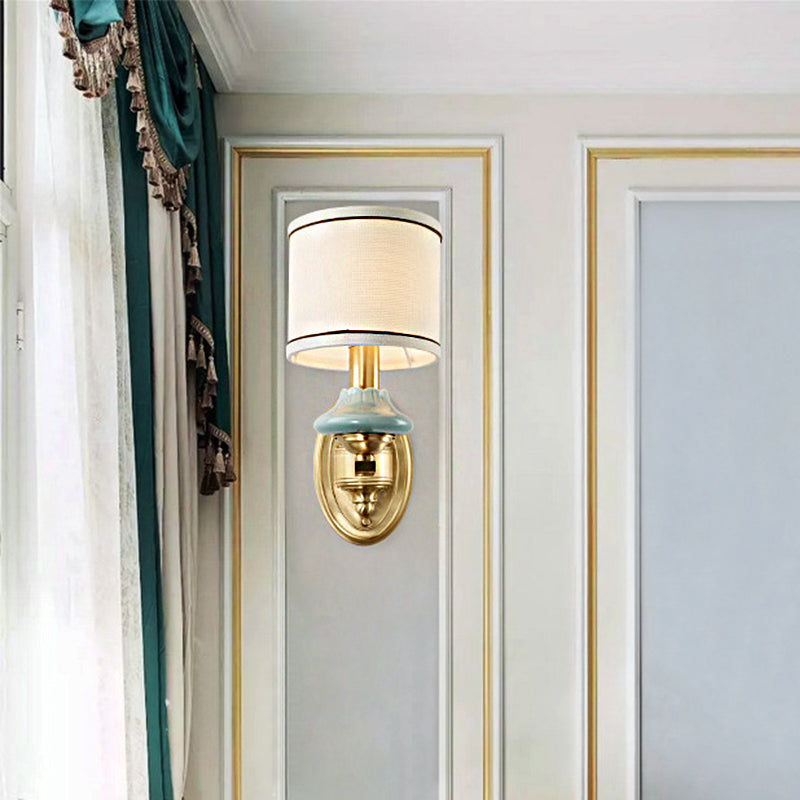 Retro Cylindrical Wall Lamp 1/2-Light Fabric Wall Sconce Light with Porcelain Cap in Gold for Porch 1.0 Gold Clearhalo 'Wall Lamps & Sconces' 'Wall Lights' Lighting' 231489