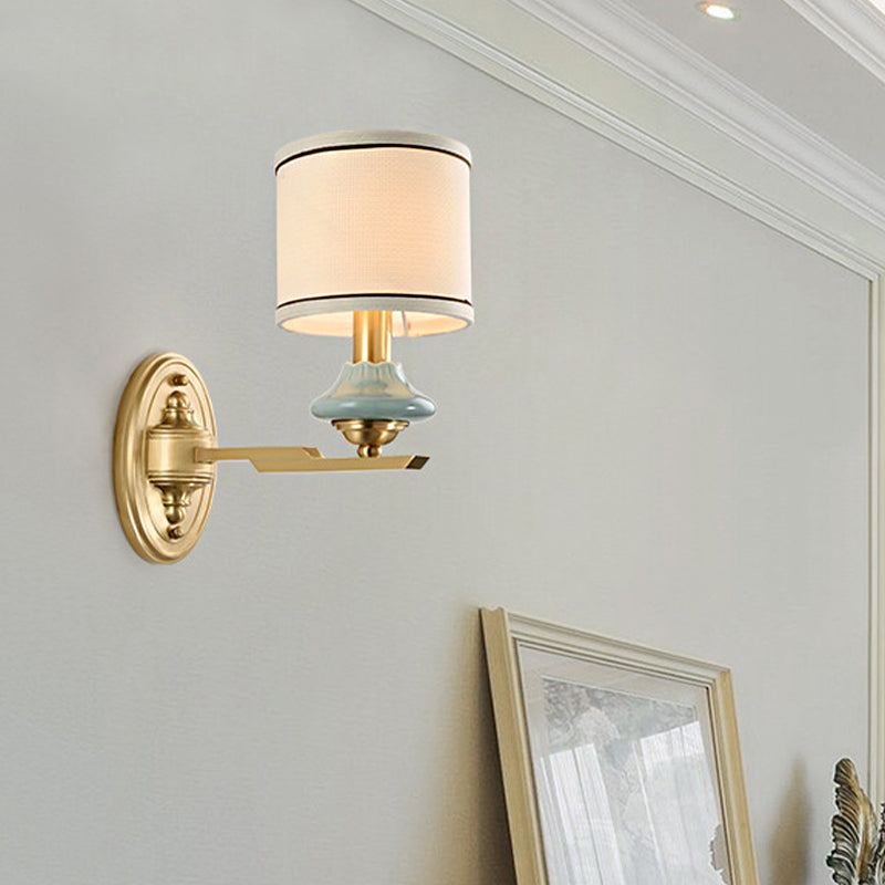 Retro Cylindrical Wall Lamp 1/2-Light Fabric Wall Sconce Light with Porcelain Cap in Gold for Porch Clearhalo 'Wall Lamps & Sconces' 'Wall Lights' Lighting' 231490