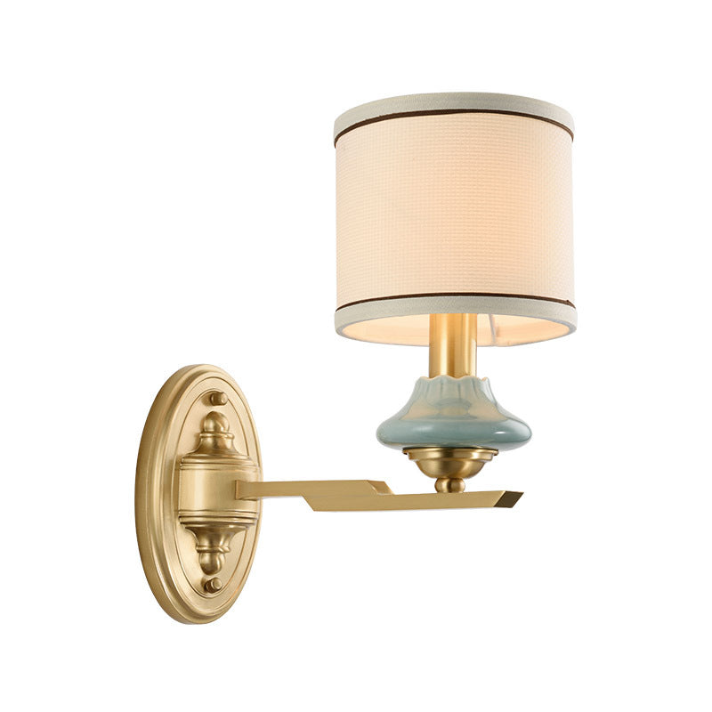 Retro Cylindrical Wall Lamp 1/2-Light Fabric Wall Sconce Light with Porcelain Cap in Gold for Porch Clearhalo 'Wall Lamps & Sconces' 'Wall Lights' Lighting' 231491