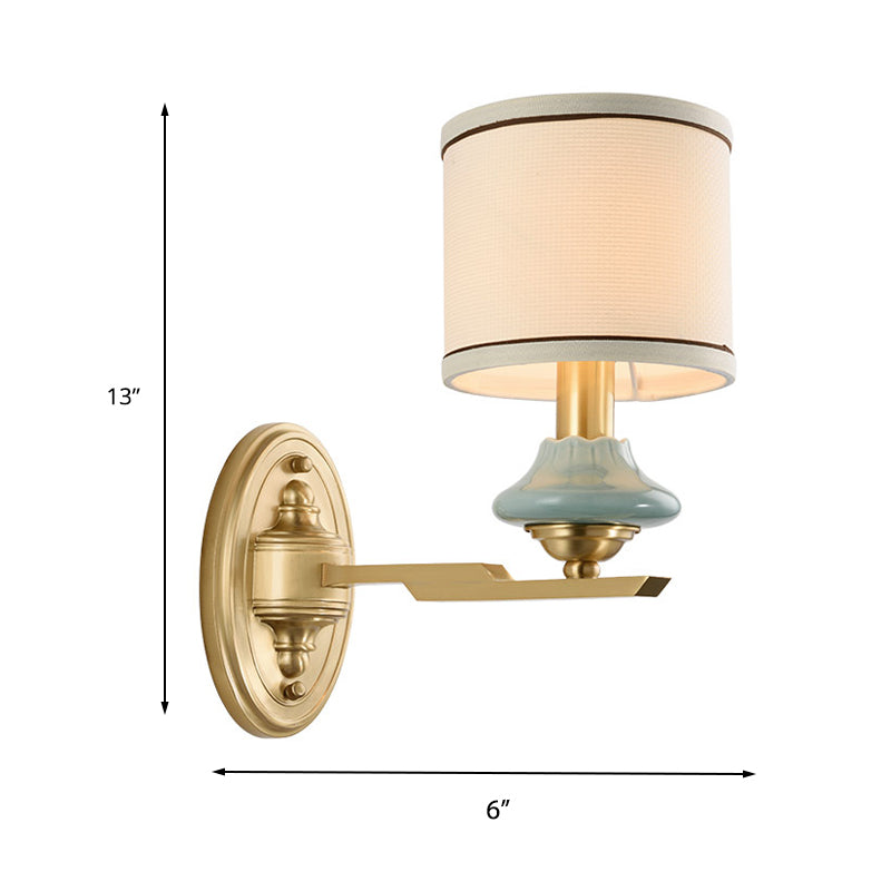 Retro Cylindrical Wall Lamp 1/2-Light Fabric Wall Sconce Light with Porcelain Cap in Gold for Porch Clearhalo 'Wall Lamps & Sconces' 'Wall Lights' Lighting' 231492