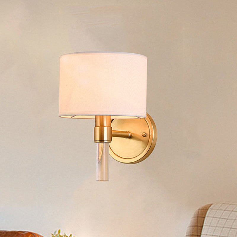 Metal Brass Wall Lamp Drum 1-Light Vintage Wall Light Sconce with White Fabric Shade for Study Brass Clearhalo 'Wall Lamps & Sconces' 'Wall Lights' Lighting' 231498