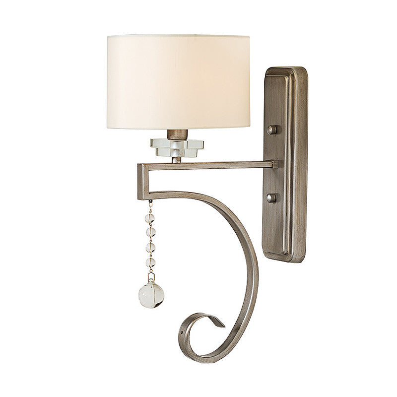 Retro Drum Wall Lamp 1 Light Fabric Shade Wall Sconce Light with Clear Crystal Bead in White for Bedroom Clearhalo 'Wall Lamps & Sconces' 'Wall Lights' Lighting' 231521