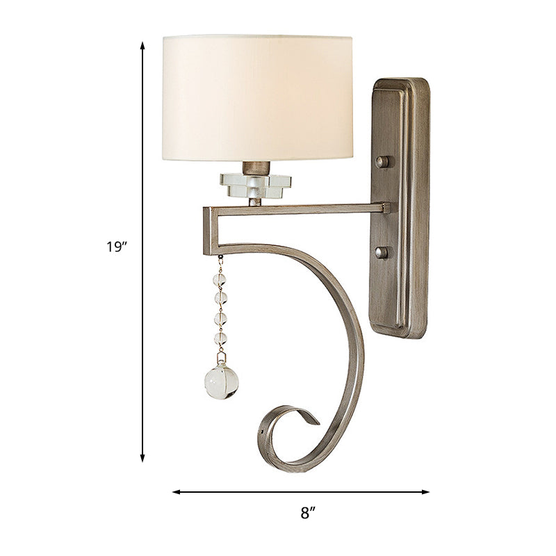 Retro Drum Wall Lamp 1 Light Fabric Shade Wall Sconce Light with Clear Crystal Bead in White for Bedroom Clearhalo 'Wall Lamps & Sconces' 'Wall Lights' Lighting' 231522