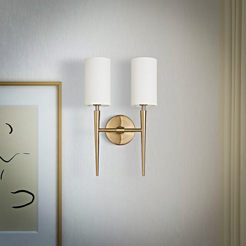 Metal Brass Wall Lamp Symmetric Cylinder 2-Light Modern Wall Mount Light Fixture with Fabric Shade for Bedroom Clearhalo 'Wall Lamps & Sconces' 'Wall Lights' Lighting' 231525