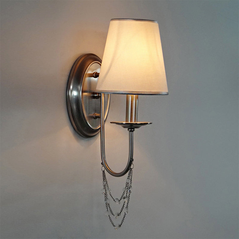 1/2-Head Wall Mount Lamp Retro Living Room Sconce Light with Tapered Fabric Shade in Silver 1.0 Silver Clearhalo 'Wall Lamps & Sconces' 'Wall Lights' Lighting' 231594