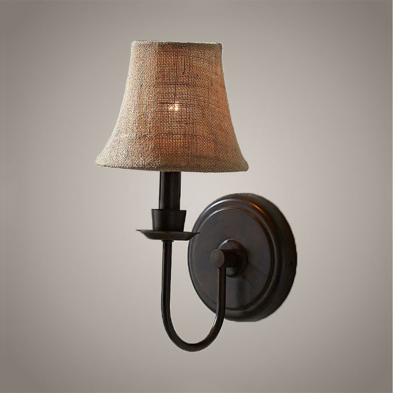 Flaxen 1 Bulb Wall Sconce Light Traditional Fabric Bell Wall Lamp with Arched Arm and Round Backplate Clearhalo 'Wall Lamps & Sconces' 'Wall Lights' Lighting' 231603