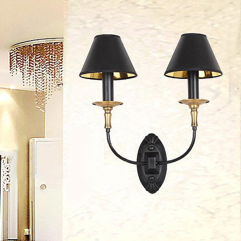 Tapered Living Room Wall Light Sconce Vintage Style Fabric 1/2 Lights Black Wall Mount Lighting with Swooping Arm Clearhalo 'Wall Lamps & Sconces' 'Wall Lights' Lighting' 231613