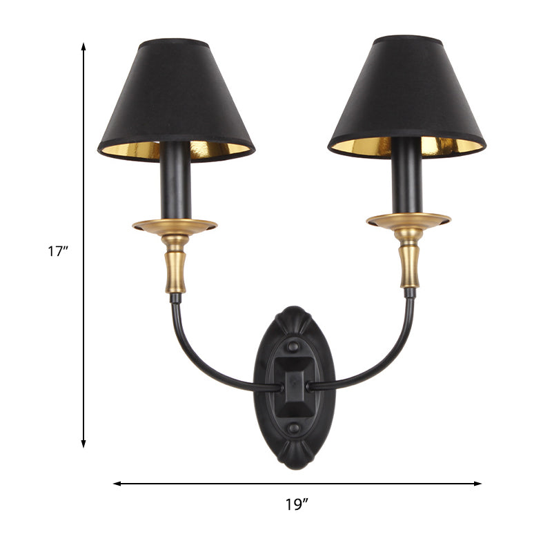 Tapered Living Room Wall Light Sconce Vintage Style Fabric 1/2 Lights Black Wall Mount Lighting with Swooping Arm Clearhalo 'Wall Lamps & Sconces' 'Wall Lights' Lighting' 231615