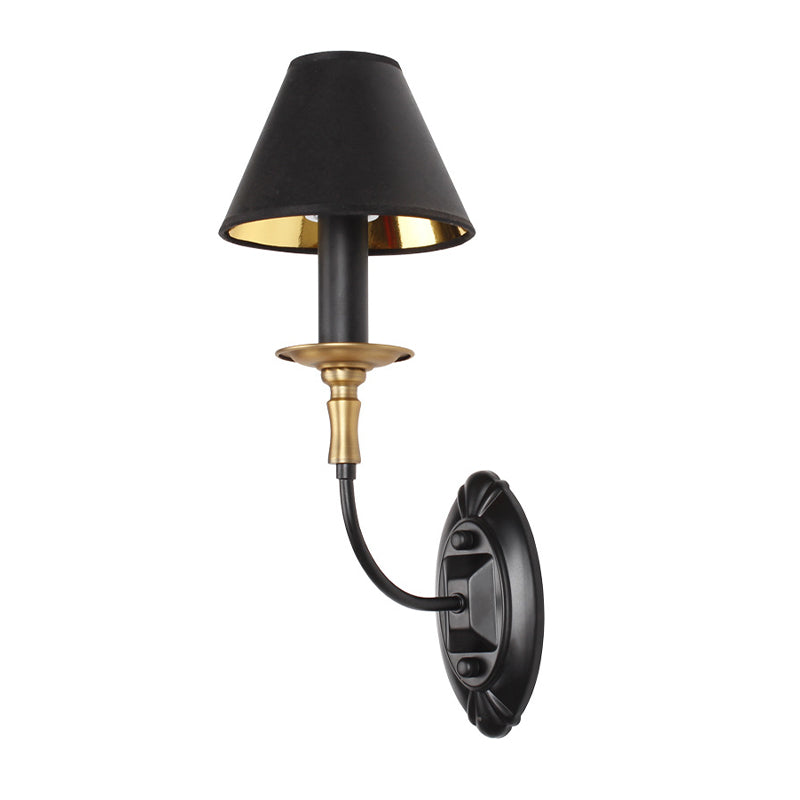 Tapered Living Room Wall Light Sconce Vintage Style Fabric 1/2 Lights Black Wall Mount Lighting with Swooping Arm Clearhalo 'Wall Lamps & Sconces' 'Wall Lights' Lighting' 231619