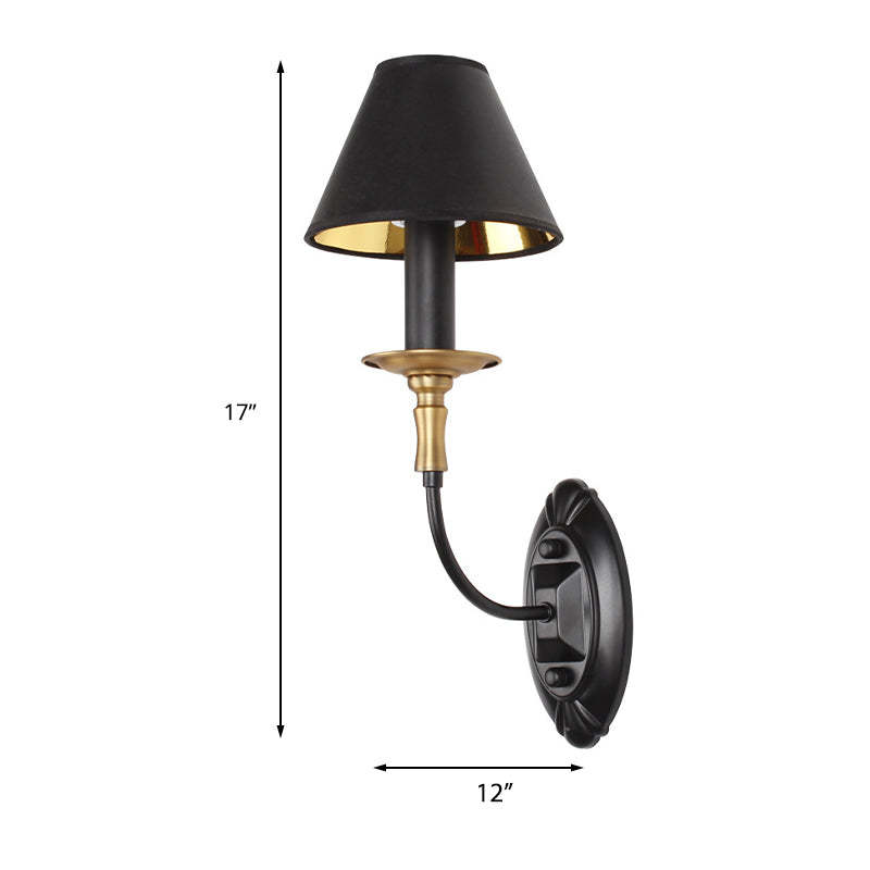 Tapered Living Room Wall Light Sconce Vintage Style Fabric 1/2 Lights Black Wall Mount Lighting with Swooping Arm Clearhalo 'Wall Lamps & Sconces' 'Wall Lights' Lighting' 231620