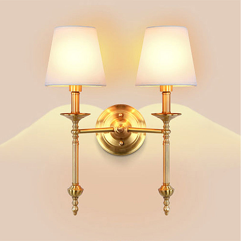 Brass Cone Wall Light Fixture Retro White Fabric Shade 1/2 Bulbs Dining Room Wall Sconce Lighting 2.0 Brass Clearhalo 'Wall Lamps & Sconces' 'Wall Lights' Lighting' 231623