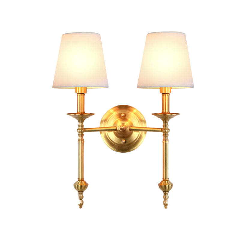 Brass Cone Wall Light Fixture Retro White Fabric Shade 1/2 Bulbs Dining Room Wall Sconce Lighting Clearhalo 'Wall Lamps & Sconces' 'Wall Lights' Lighting' 231624