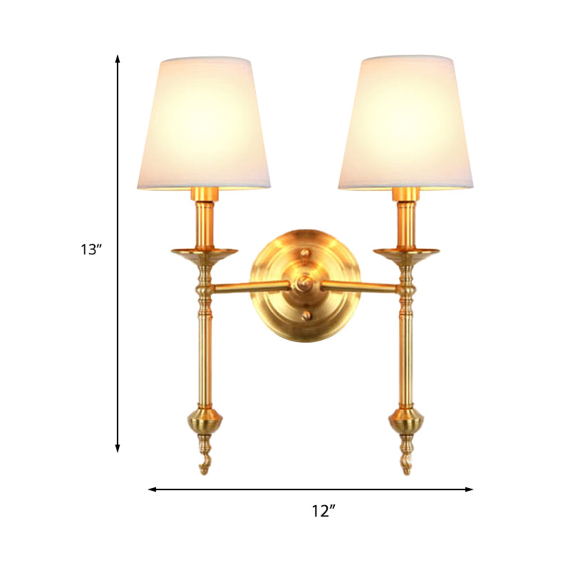 Brass Cone Wall Light Fixture Retro White Fabric Shade 1/2 Bulbs Dining Room Wall Sconce Lighting Clearhalo 'Wall Lamps & Sconces' 'Wall Lights' Lighting' 231625