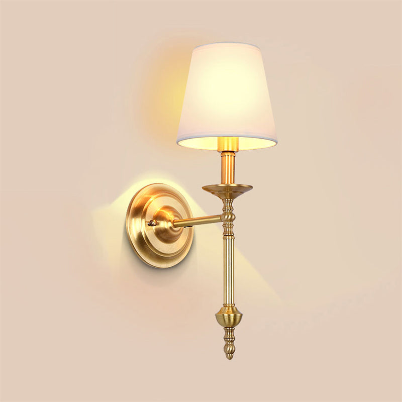 Brass Cone Wall Light Fixture Retro White Fabric Shade 1/2 Bulbs Dining Room Wall Sconce Lighting 1.0 Brass Clearhalo 'Wall Lamps & Sconces' 'Wall Lights' Lighting' 231629