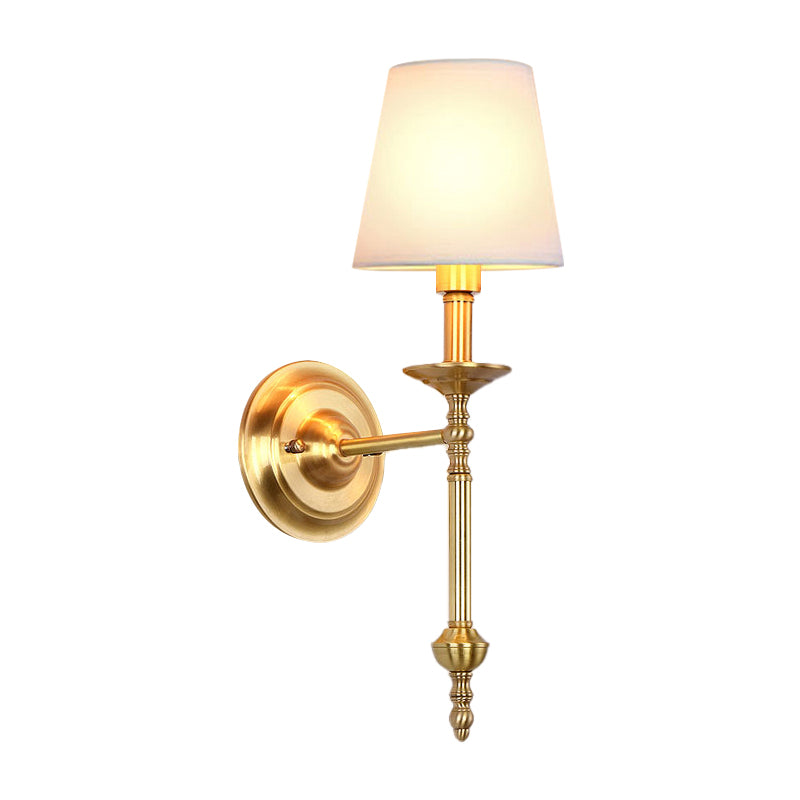 Brass Cone Wall Light Fixture Retro White Fabric Shade 1/2 Bulbs Dining Room Wall Sconce Lighting Clearhalo 'Wall Lamps & Sconces' 'Wall Lights' Lighting' 231630