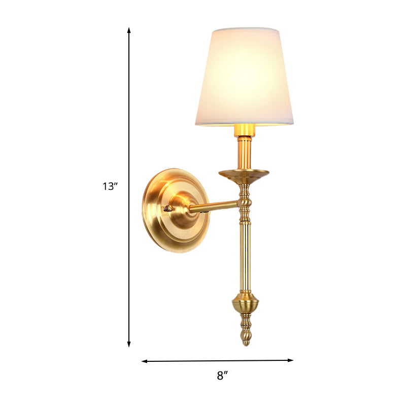 Brass Cone Wall Light Fixture Retro White Fabric Shade 1/2 Bulbs Dining Room Wall Sconce Lighting Clearhalo 'Wall Lamps & Sconces' 'Wall Lights' Lighting' 231631