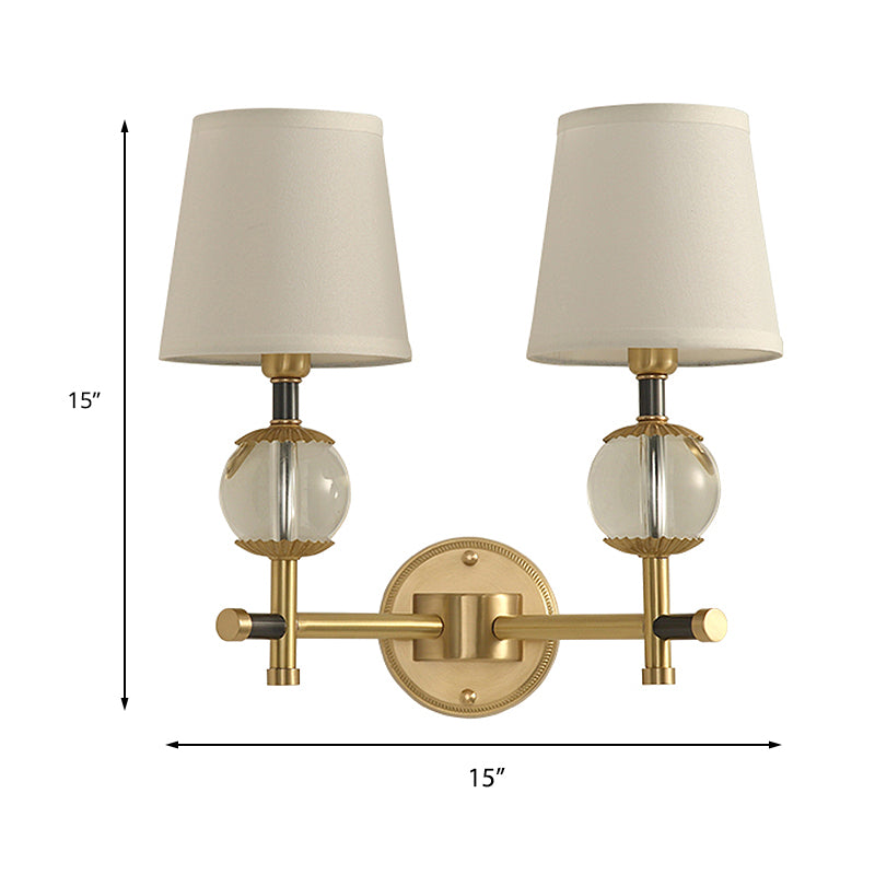 Gold Conical Wall Mounted Light Traditional White Fabric 1/2 Heads Entry Wall Sconce with Crystal Ball Clearhalo 'Wall Lamps & Sconces' 'Wall Lights' Lighting' 231635