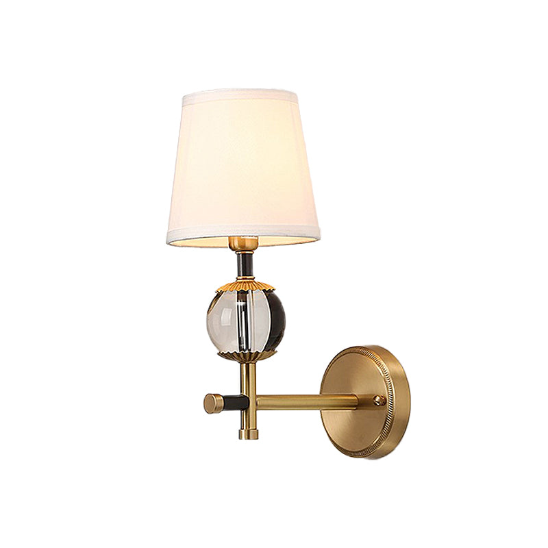 Gold Conical Wall Mounted Light Traditional White Fabric 1/2 Heads Entry Wall Sconce with Crystal Ball Clearhalo 'Wall Lamps & Sconces' 'Wall Lights' Lighting' 231639