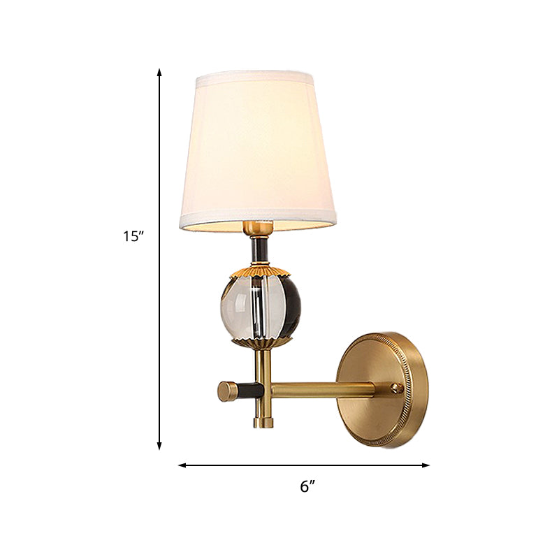 Gold Conical Wall Mounted Light Traditional White Fabric 1/2 Heads Entry Wall Sconce with Crystal Ball Clearhalo 'Wall Lamps & Sconces' 'Wall Lights' Lighting' 231640