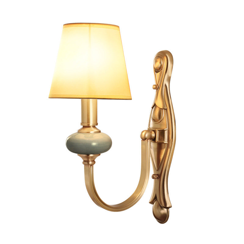 Fabric Brass Wall Sconce Tapered Shade 1 Light Vintage Wall Mount Light Fixture for Living Room Clearhalo 'Wall Lamps & Sconces' 'Wall Lights' Lighting' 231644