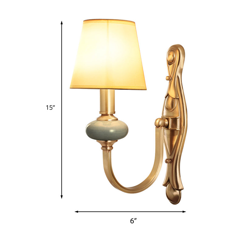 Fabric Brass Wall Sconce Tapered Shade 1 Light Vintage Wall Mount Light Fixture for Living Room Clearhalo 'Wall Lamps & Sconces' 'Wall Lights' Lighting' 231645