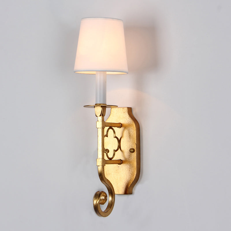 Gold 1 Bulb Wall Sconce Light Vintage Style Fabric Tapered Shade Wall Mounted Light Fixture Gold Clearhalo 'Wall Lamps & Sconces' 'Wall Lights' Lighting' 231714