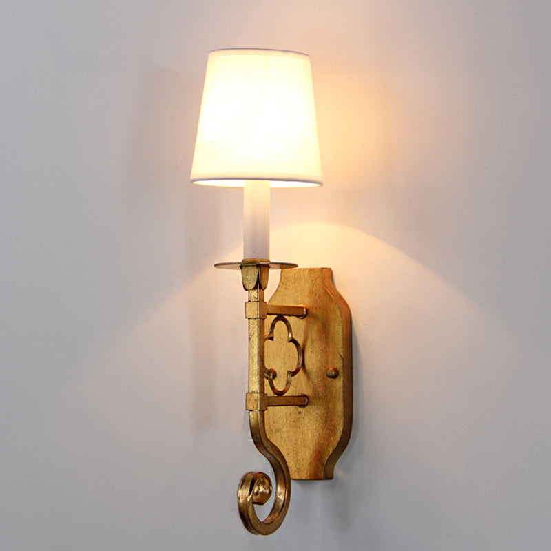 Gold 1 Bulb Wall Sconce Light Vintage Style Fabric Tapered Shade Wall Mounted Light Fixture Clearhalo 'Wall Lamps & Sconces' 'Wall Lights' Lighting' 231715