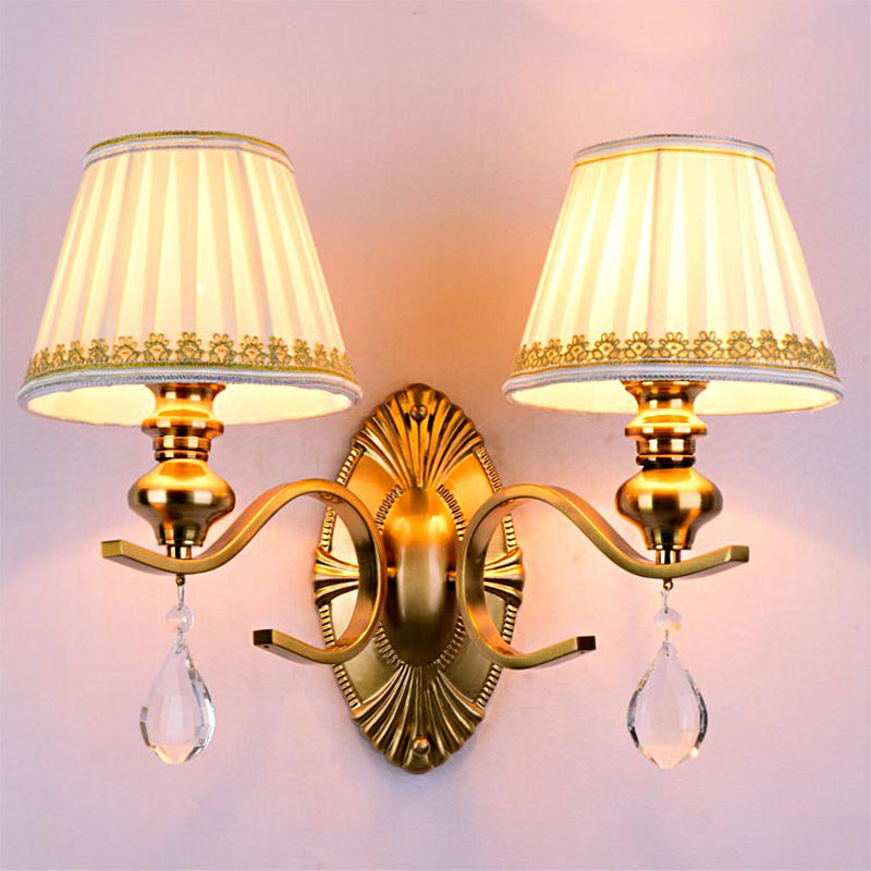 Fabric Gold Wall Sconce Gathered Empire Shade 1/2-Light Vintage Wall Mount Light Fixture with Clear Crystal Drop 2.0 Gold Clearhalo 'Wall Lamps & Sconces' 'Wall Lights' Lighting' 231779