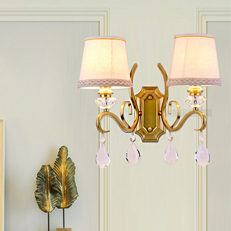 Fabric Gold Wall Sconce Gathered Empire Shade 1/2-Light Vintage Wall Mount Light Fixture with Clear Crystal Drop Clearhalo 'Wall Lamps & Sconces' 'Wall Lights' Lighting' 231780