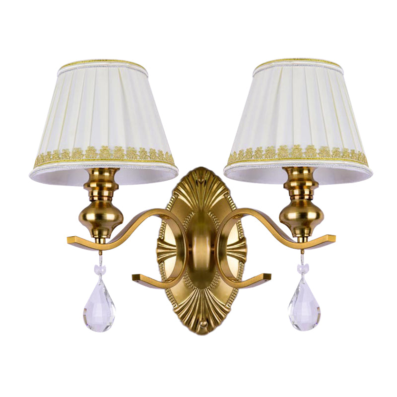 Fabric Gold Wall Sconce Gathered Empire Shade 1/2-Light Vintage Wall Mount Light Fixture with Clear Crystal Drop Clearhalo 'Wall Lamps & Sconces' 'Wall Lights' Lighting' 231781