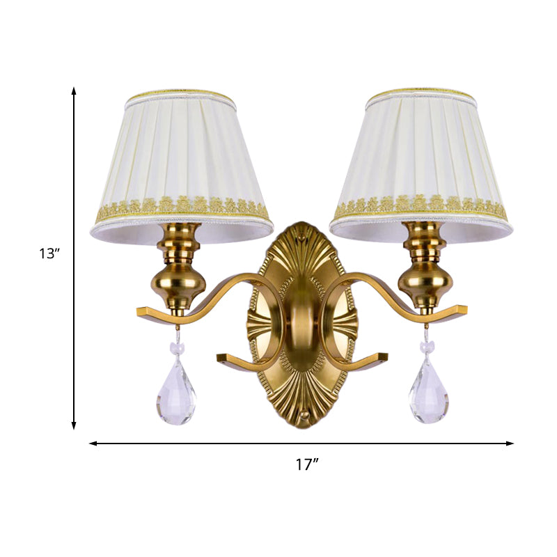 Fabric Gold Wall Sconce Gathered Empire Shade 1/2-Light Vintage Wall Mount Light Fixture with Clear Crystal Drop Clearhalo 'Wall Lamps & Sconces' 'Wall Lights' Lighting' 231782