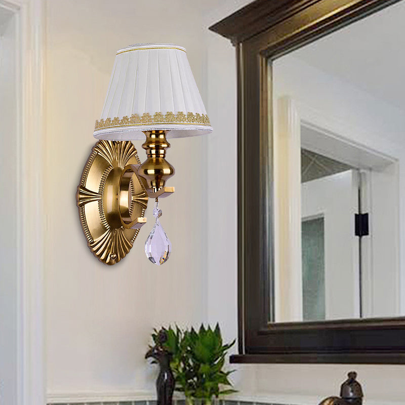 Fabric Gold Wall Sconce Gathered Empire Shade 1/2-Light Vintage Wall Mount Light Fixture with Clear Crystal Drop 1.0 Gold Clearhalo 'Wall Lamps & Sconces' 'Wall Lights' Lighting' 231783