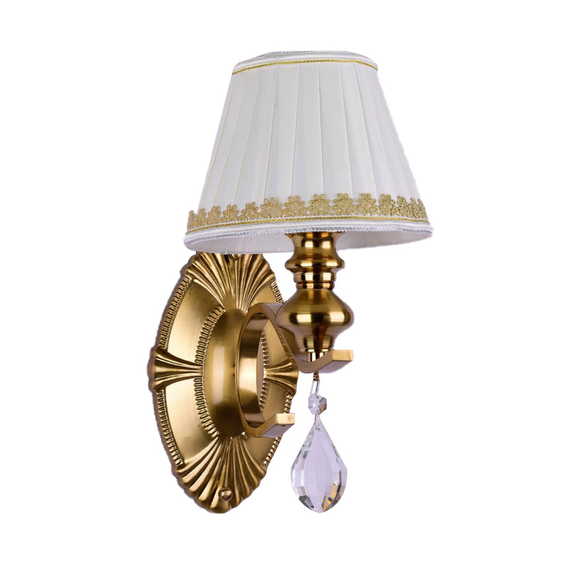 Fabric Gold Wall Sconce Gathered Empire Shade 1/2-Light Vintage Wall Mount Light Fixture with Clear Crystal Drop Clearhalo 'Wall Lamps & Sconces' 'Wall Lights' Lighting' 231785