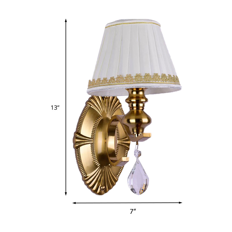 Fabric Gold Wall Sconce Gathered Empire Shade 1/2-Light Vintage Wall Mount Light Fixture with Clear Crystal Drop Clearhalo 'Wall Lamps & Sconces' 'Wall Lights' Lighting' 231786