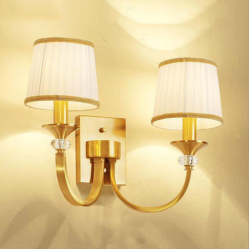 Traditional Drum Wall Light 2 Heads White Fabric Wall Sconce Lighting with Crystal Accent in Brass Clearhalo 'Wall Lamps & Sconces' 'Wall Lights' Lighting' 231787