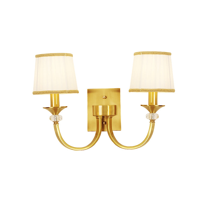 Traditional Drum Wall Light 2 Heads White Fabric Wall Sconce Lighting with Crystal Accent in Brass Clearhalo 'Wall Lamps & Sconces' 'Wall Lights' Lighting' 231789