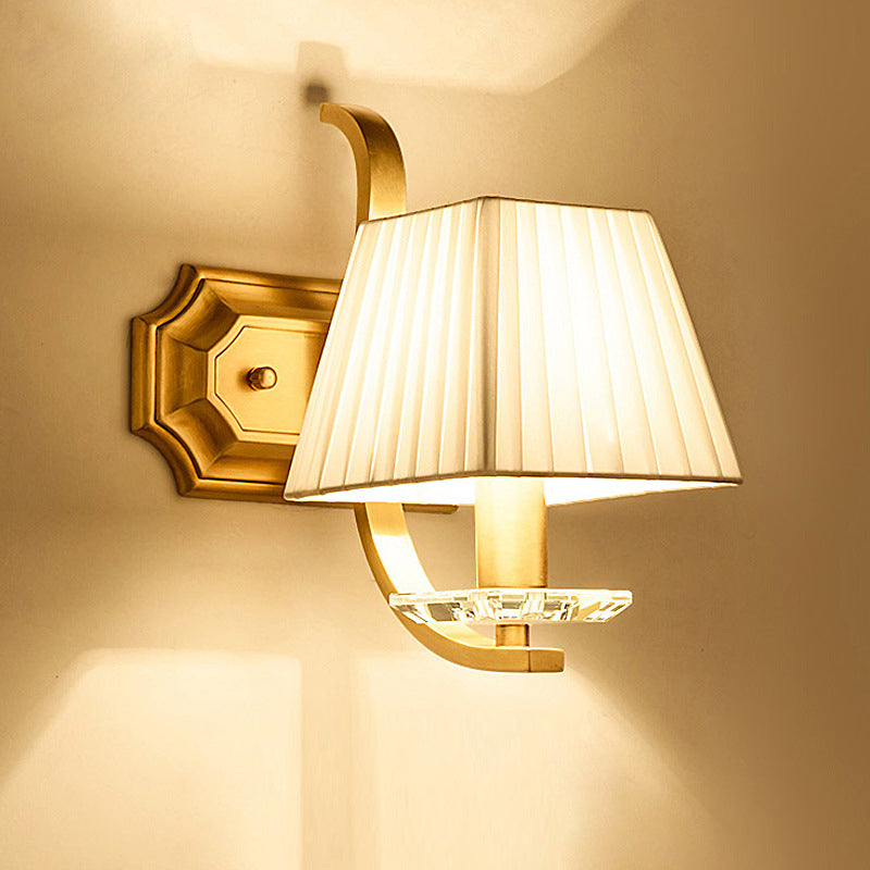 Trapezoid Fabric Shade Sconce Light Vintage 1/2-Head Bedroom Wall Mount Lamp in Gold 1.0 Gold Clearhalo 'Wall Lamps & Sconces' 'Wall Lights' Lighting' 231807