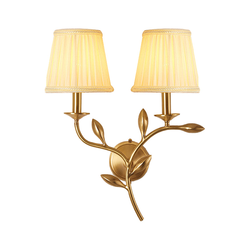 Brass Pleated Shade Wall Lamp American Rustic Fabric 1/2-Bulb Living Room Wall Light Sconce Clearhalo 'Wall Lamps & Sconces' 'Wall Lights' Lighting' 231814