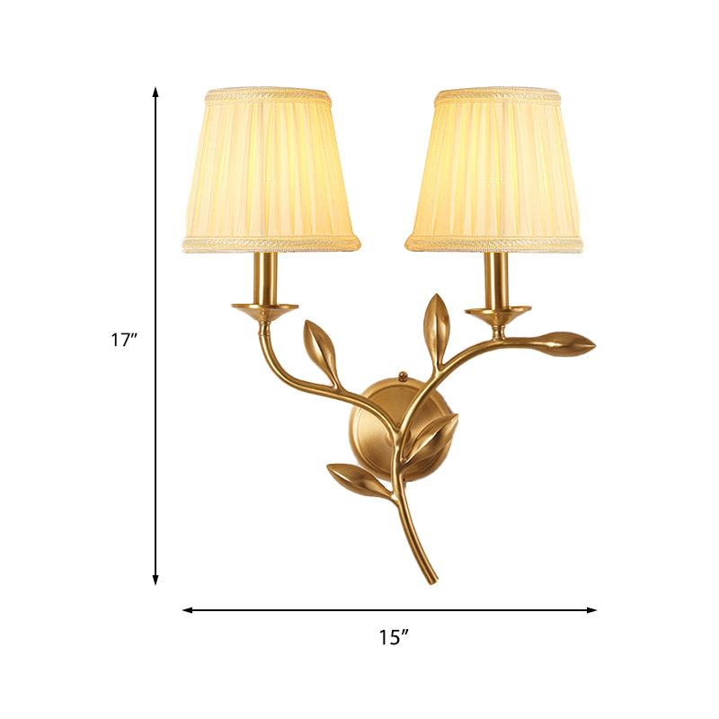 Brass Pleated Shade Wall Lamp American Rustic Fabric 1/2-Bulb Living Room Wall Light Sconce Clearhalo 'Wall Lamps & Sconces' 'Wall Lights' Lighting' 231815